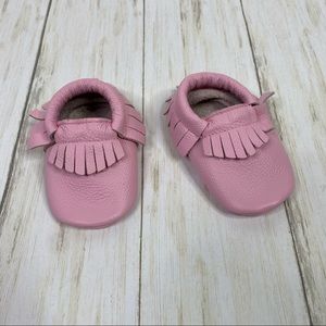 Birdrock Baby Pink Fringe Leather Moccasins